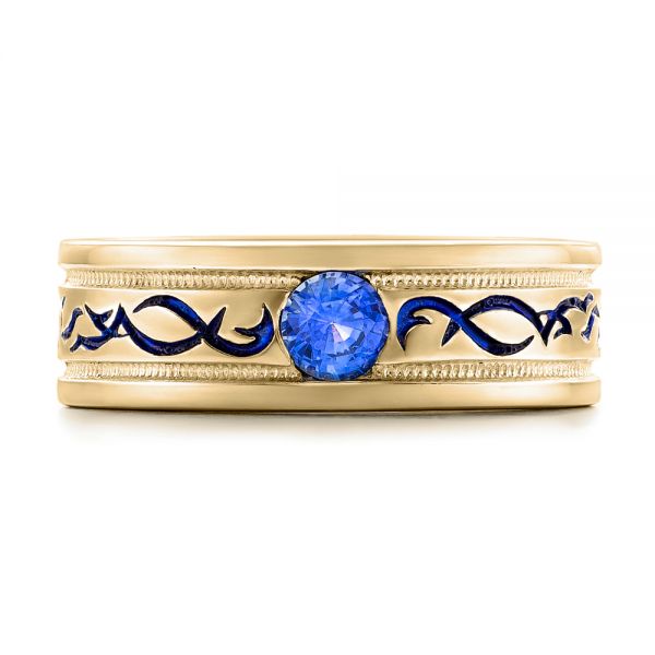 14k Yellow Gold 14k Yellow Gold Custom Engraved Blue Sapphire Men's Wedding Band - Top View - 102213