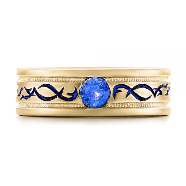 18k Yellow Gold 18k Yellow Gold Custom Engraved Blue Sapphire Men's Wedding Band - Top View -  102213