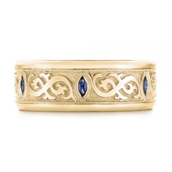 18k Yellow Gold 18k Yellow Gold Custom Engraved Blue Sapphire Men's Wedding Band - Top View -  103237