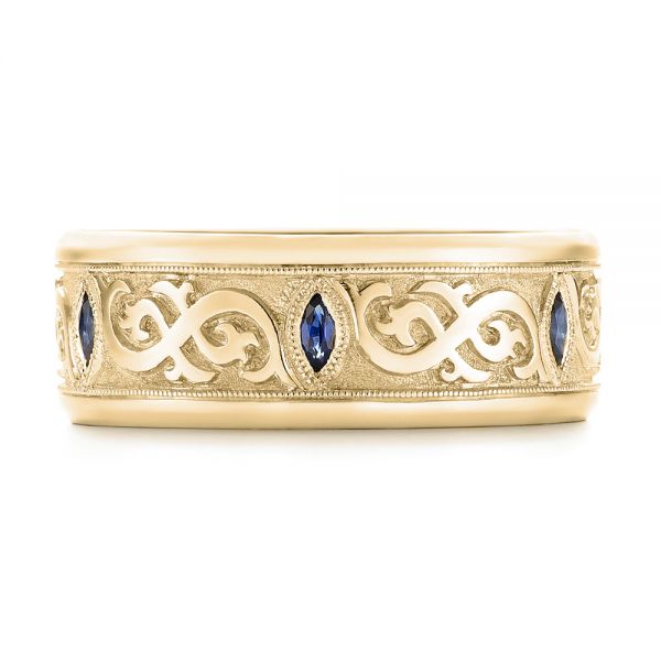 18k Yellow Gold 18k Yellow Gold Custom Engraved Blue Sapphire Men's Wedding Band - Top View - 103237