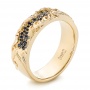 14K Gold Custom Engraved Blue Sapphire And Black Diamond Men's Band - Three-Quarter View -  103410 - Thumbnail