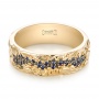  14K Gold Custom Engraved Blue Sapphire And Black Diamond Men's Band - Flat View -  103410 - Thumbnail