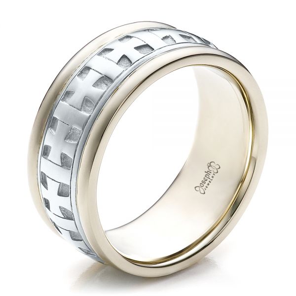  14K Gold And Platinum 14K Gold And Platinum Custom Cross Men's Band - Three-Quarter View -  100052