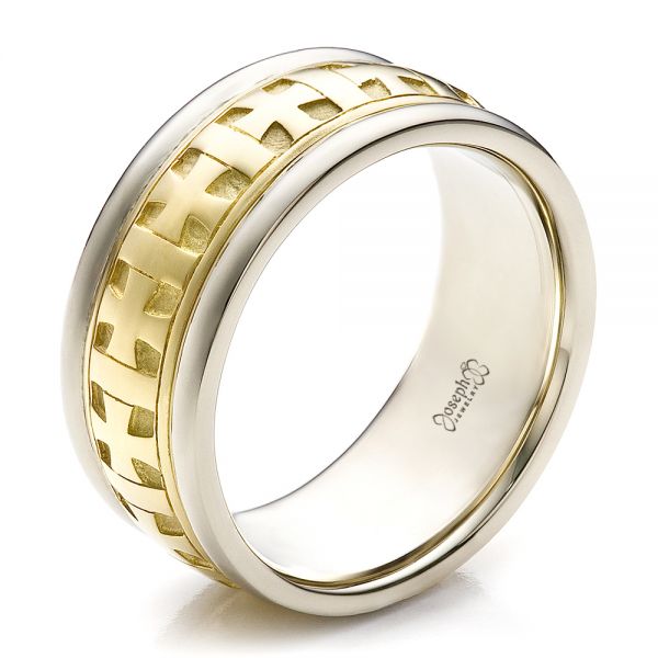  14K Gold And 14k Yellow Gold 14K Gold And 14k Yellow Gold Custom Cross Men's Band - Three-Quarter View -  100052