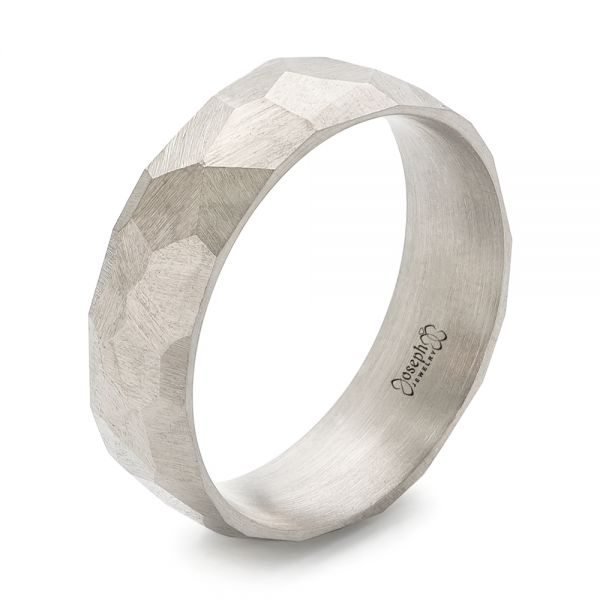 14k White Gold Custom Hammered Men's Band - Three-Quarter View -  103014