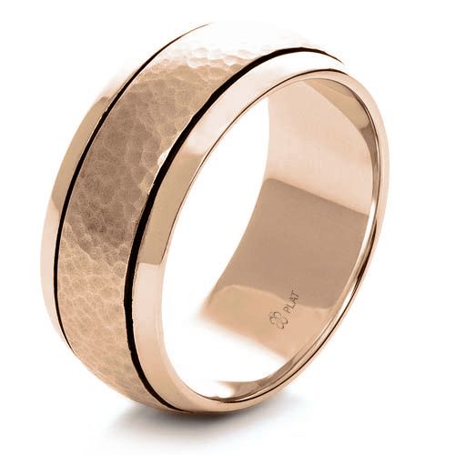 14k Rose Gold 14k Rose Gold Custom Hammered Men's Band - Three-Quarter View -  1110