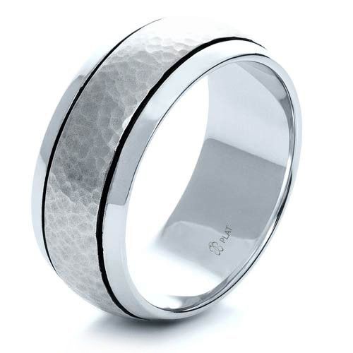 14k White Gold 14k White Gold Custom Hammered Men's Band - Three-Quarter View -  1110