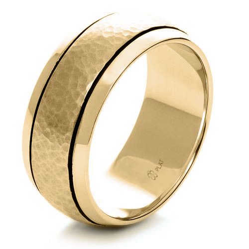 18k Yellow Gold 18k Yellow Gold Custom Hammered Men's Band - Three-Quarter View -  1110