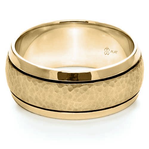 14k Yellow Gold 14k Yellow Gold Custom Hammered Men's Band - Flat View -  1110