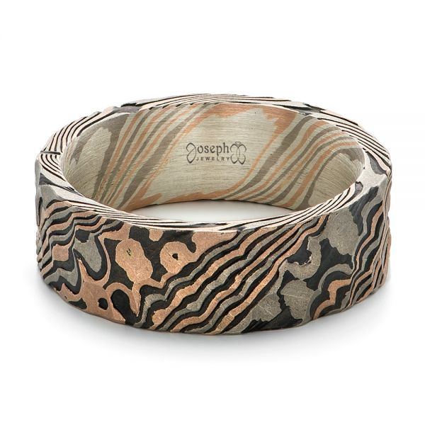 Custom Hammered Mokume Men's Wedding Band - Flat View -  102265