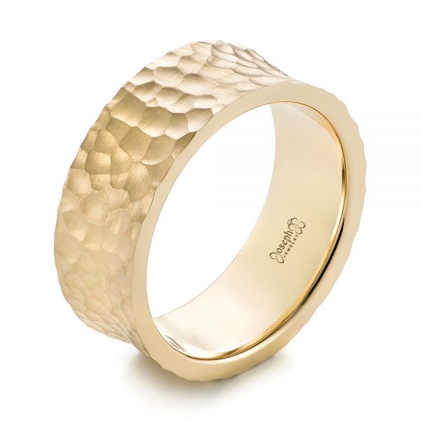 14k Yellow Gold Custom Hammered And Brushed Men's Wedding Band - Three-Quarter View -  103285