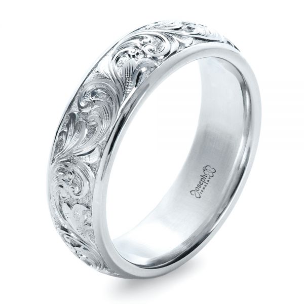 18k White Gold 18k White Gold Custom Hand Engraved Band - Three-Quarter View -  1376