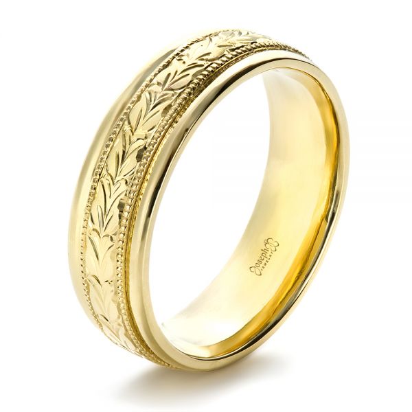 18k Yellow Gold Custom Hand Engraved Band - Three-Quarter View -  1411