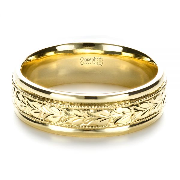 18k Yellow Gold Custom Hand Engraved Band - Flat View -  1411