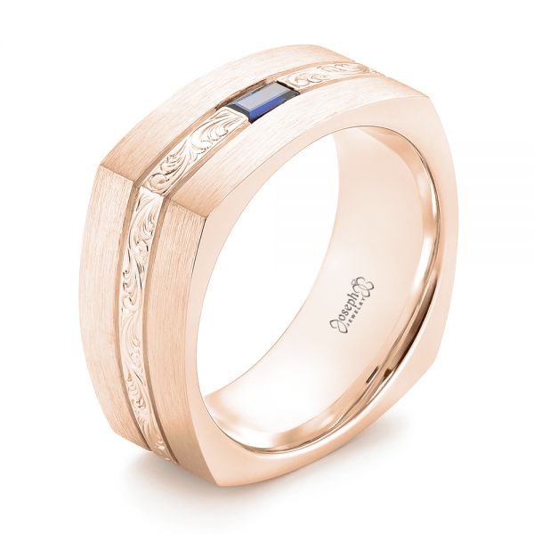 14k Rose Gold 14k Rose Gold Custom Hand Engraved Blue Sapphire Men's Band - Three-Quarter View - 102998