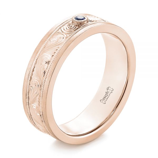 14k Rose Gold 14k Rose Gold Custom Hand Engraved Blue Sapphire Men's Band - Three-Quarter View -  104825