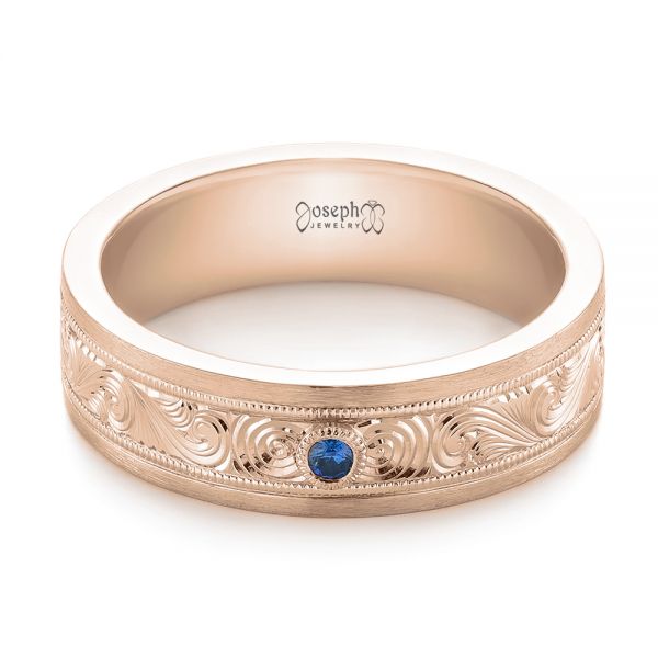 18k Rose Gold 18k Rose Gold Custom Hand Engraved Blue Sapphire Men's Band - Flat View -  104825