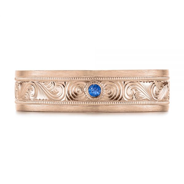 14k Rose Gold 14k Rose Gold Custom Hand Engraved Blue Sapphire Men's Band - Top View - 104825