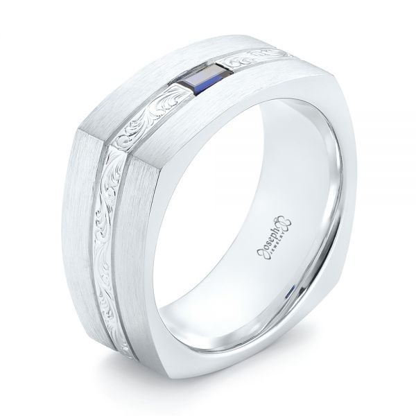  Platinum Platinum Custom Hand Engraved Blue Sapphire Men's Band - Three-Quarter View -  102998