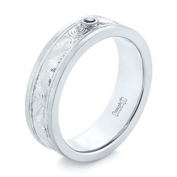 14k White Gold 14k White Gold Custom Hand Engraved Blue Sapphire Men's Band - Three-Quarter View -  104825