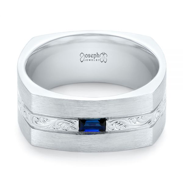  Platinum Platinum Custom Hand Engraved Blue Sapphire Men's Band - Flat View -  102998