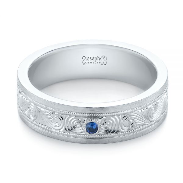 18k White Gold 18k White Gold Custom Hand Engraved Blue Sapphire Men's Band - Flat View -  104825