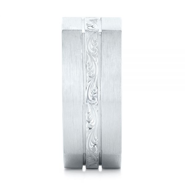 14k White Gold Custom Hand Engraved Blue Sapphire Men's Band - Side View -  102998