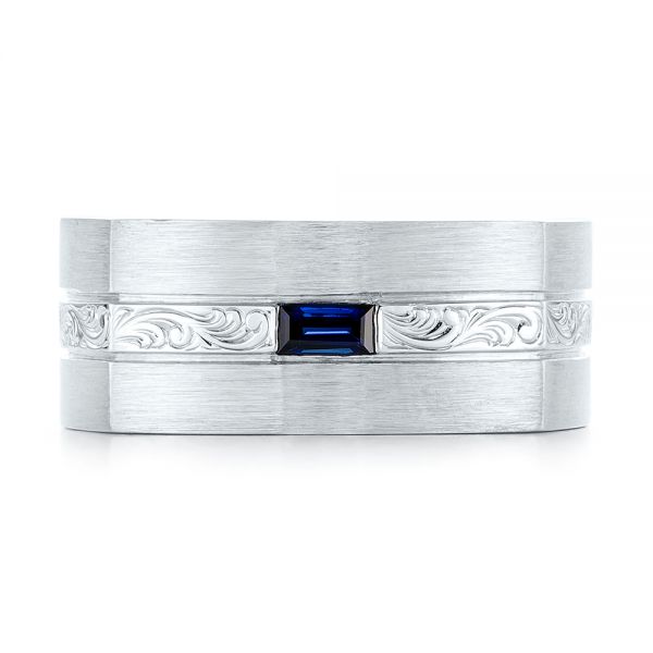 18k White Gold 18k White Gold Custom Hand Engraved Blue Sapphire Men's Band - Top View -  102998