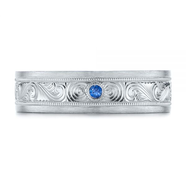  Platinum Custom Hand Engraved Blue Sapphire Men's Band - Top View -  104825