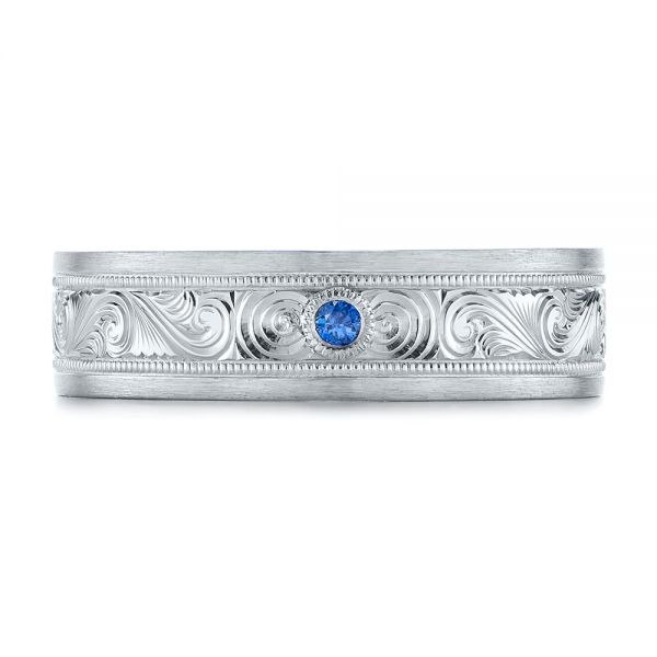 14k White Gold 14k White Gold Custom Hand Engraved Blue Sapphire Men's Band - Top View -  104825