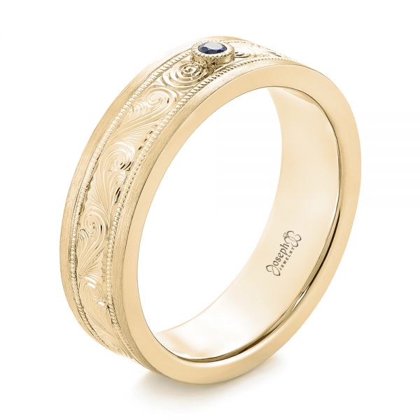 18k Yellow Gold 18k Yellow Gold Custom Hand Engraved Blue Sapphire Men's Band - Three-Quarter View -  104825