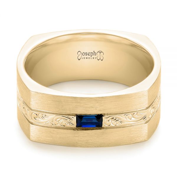 18k Yellow Gold 18k Yellow Gold Custom Hand Engraved Blue Sapphire Men's Band - Flat View - 102998