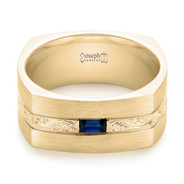 18k Yellow Gold 18k Yellow Gold Custom Hand Engraved Blue Sapphire Men's Band - Flat View -  102998