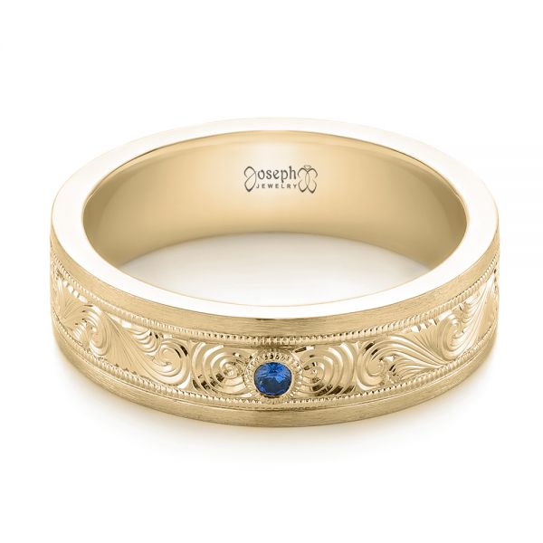18k Yellow Gold 18k Yellow Gold Custom Hand Engraved Blue Sapphire Men's Band - Flat View - 104825
