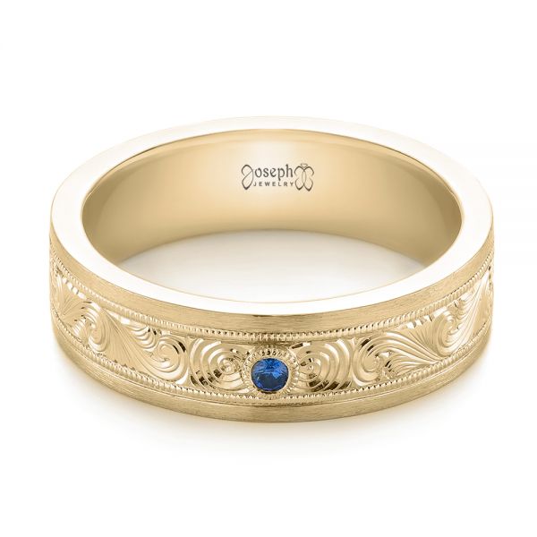 14k Yellow Gold 14k Yellow Gold Custom Hand Engraved Blue Sapphire Men's Band - Flat View -  104825