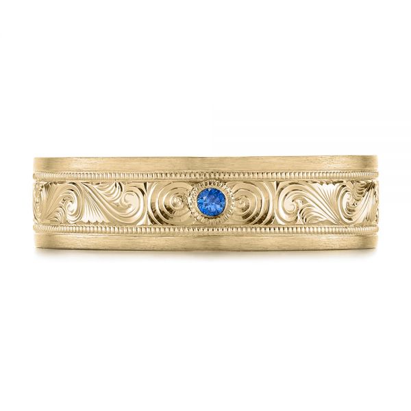 18k Yellow Gold 18k Yellow Gold Custom Hand Engraved Blue Sapphire Men's Band - Top View - 104825