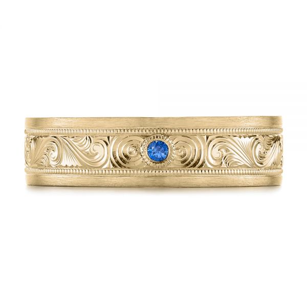 14k Yellow Gold 14k Yellow Gold Custom Hand Engraved Blue Sapphire Men's Band - Top View -  104825