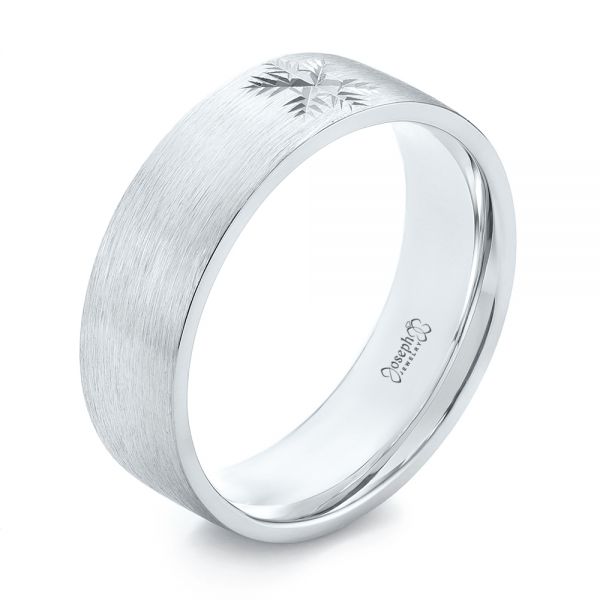 14k White Gold Custom Hand Engraved Brushed Men's Wedding Band - Three-Quarter View -  103449