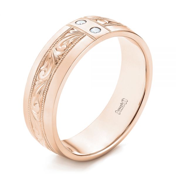 14k Rose Gold 14k Rose Gold Custom Hand Engraved Diamond Men's Band - Three-Quarter View -  103598