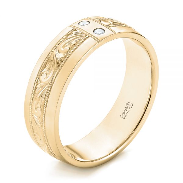 18k Yellow Gold 18k Yellow Gold Custom Hand Engraved Diamond Men's Band - Three-Quarter View -  103598