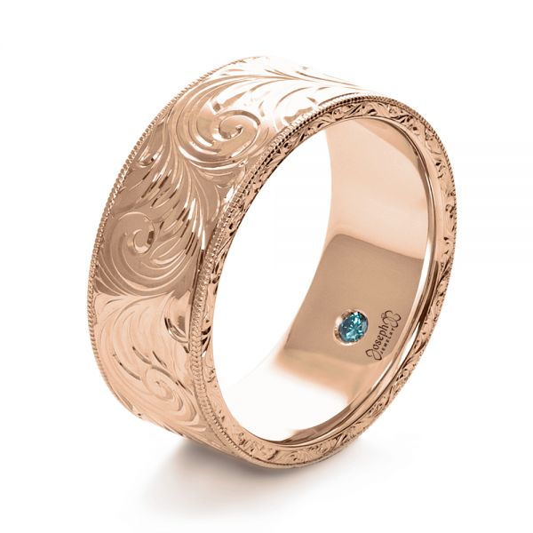 14k Rose Gold 14k Rose Gold Custom Hand-engraved Hidden Blue Diamond Ring - Three-Quarter View -  1122