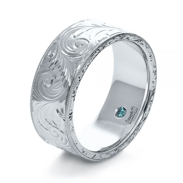 14k White Gold 14k White Gold Custom Hand-engraved Hidden Blue Diamond Ring - Three-Quarter View -  1122