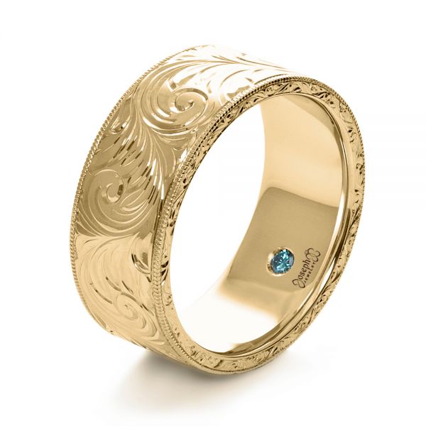 14k Yellow Gold 14k Yellow Gold Custom Hand-engraved Hidden Blue Diamond Ring - Three-Quarter View -  1122
