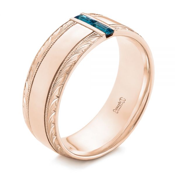 18k Rose Gold 18k Rose Gold Custom Hand Engraved London Blue Topaz Men's Band - Three-Quarter View -  104028