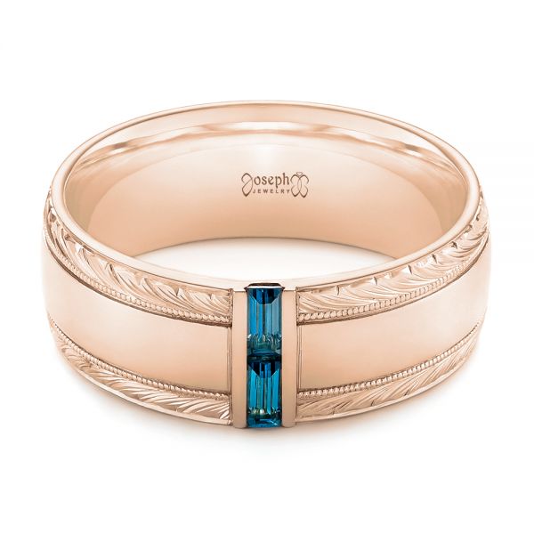 18k Rose Gold 18k Rose Gold Custom Hand Engraved London Blue Topaz Men's Band - Flat View -  104028