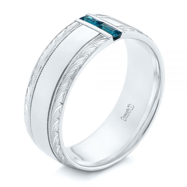  Platinum Platinum Custom Hand Engraved London Blue Topaz Men's Band - Three-Quarter View -  104028