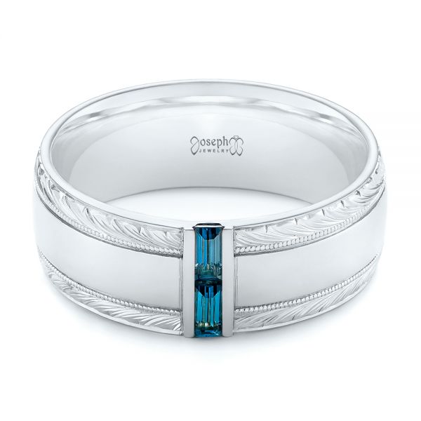  Platinum Platinum Custom Hand Engraved London Blue Topaz Men's Band - Flat View -  104028