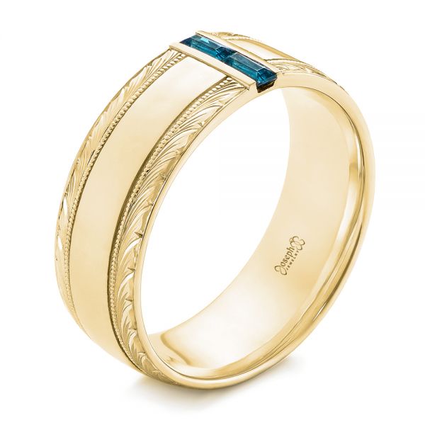 14k Yellow Gold 14k Yellow Gold Custom Hand Engraved London Blue Topaz Men's Band - Three-Quarter View -  104028