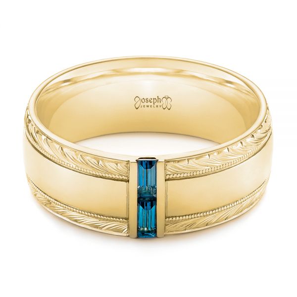 14k Yellow Gold 14k Yellow Gold Custom Hand Engraved London Blue Topaz Men's Band - Flat View -  104028