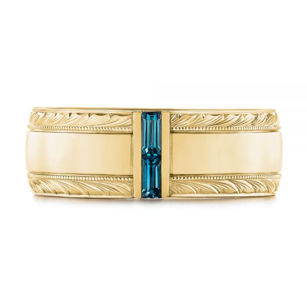 14k Yellow Gold 14k Yellow Gold Custom Hand Engraved London Blue Topaz Men's Band - Top View -  104028